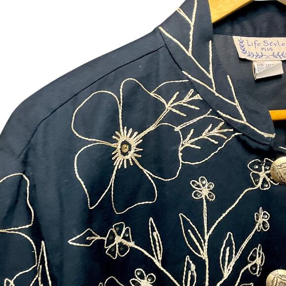 VTG NWOT Life Style Plus Floral Embroidered Amber Beaded Cotton Button Up Top 2X - Picture 12 of 16